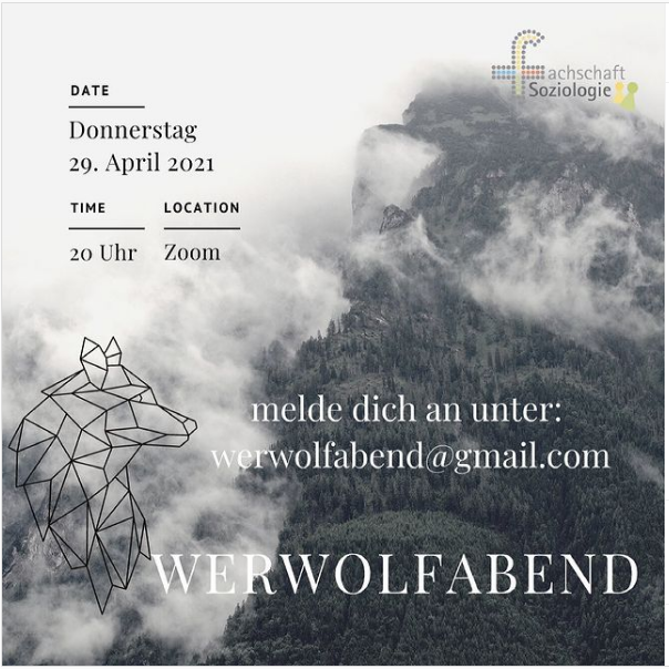 Symbolbild Werwolf vor nebligem Berg. Logo der Fachschaft. Text entspricht dem Beitragstext